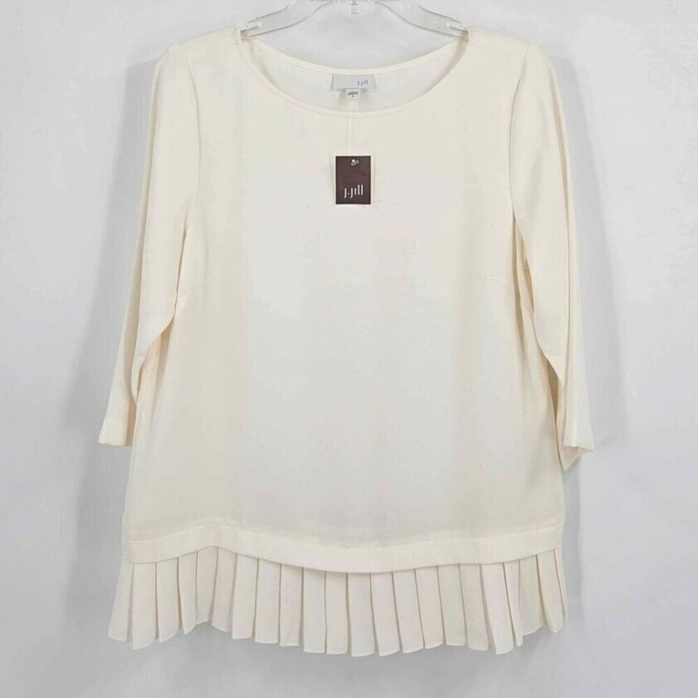 New J. Jill Womens Sz S Cream Chiffon Blouse Pleated Border Hem 3/4 Sleeve